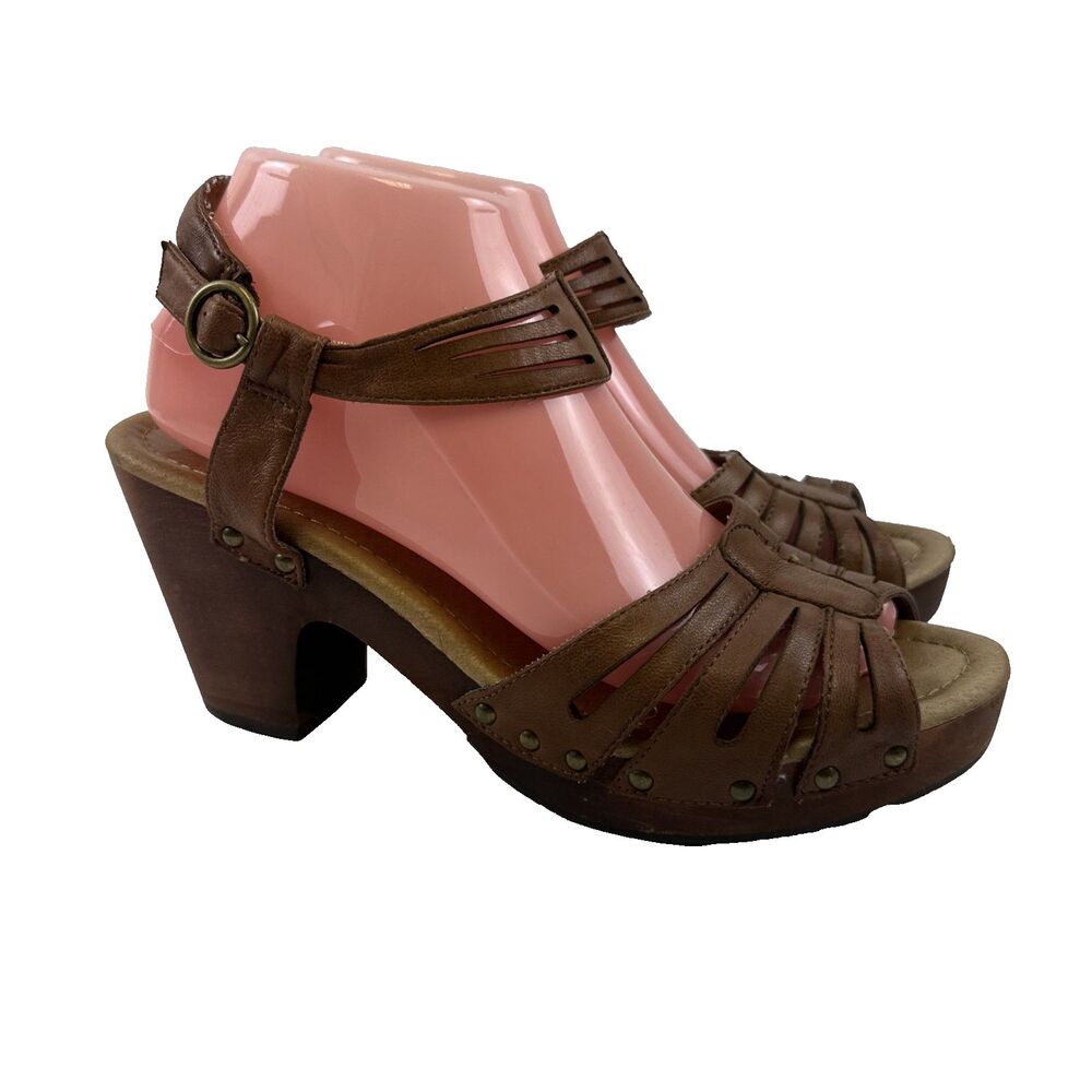 Miz Mooz Hilary Sandal Heel Buckle Ankle Strap Brown Cut Outs Leather Womens 9